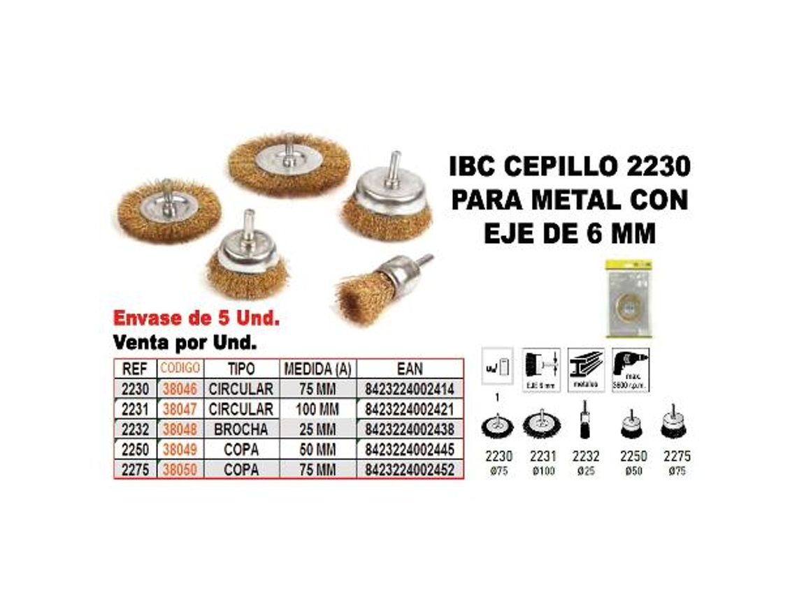 Ibc 2-250 cepillo metal   50mm copa   eje 6
