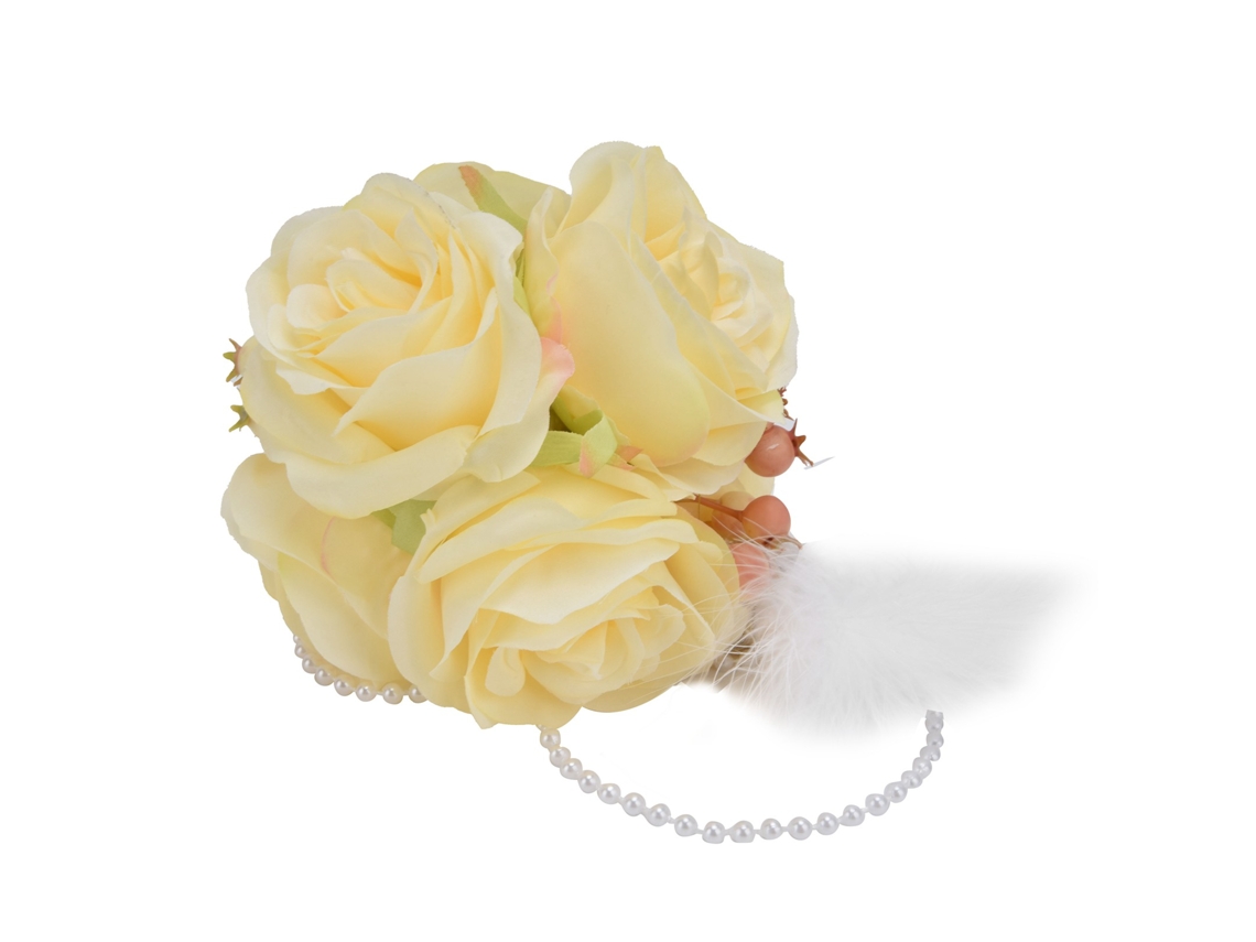 Bola de flores de rosa simulada con campana y pluma amarilla