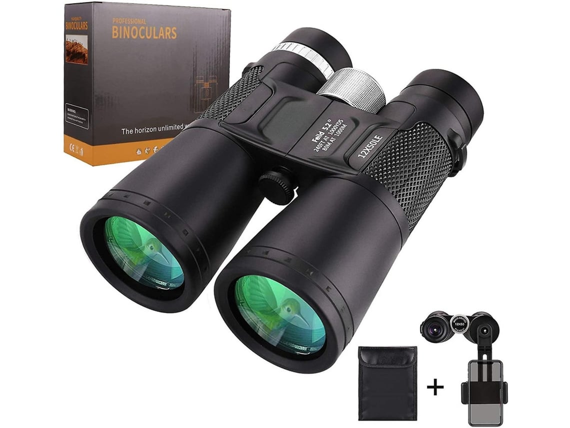 Binoculares compactos 12x50 HD IP68, bolsa, soporte para cámara de teléfono móvil, prisma Bak4, recubrimientos SMC, observación de aves, camping, senderismo, color negro. Bestvite