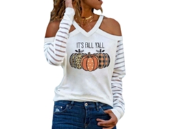 Rebe-blusa Holgada De Manga Larga Com Gola Em V E Estampa De Abóbora Para Mulher Cold Shoulder Tamanho Xxl Branco