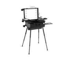 Maletín de maquillaje profesional con ruedas, iluminación LED integrada, diseño profesional, color negro.