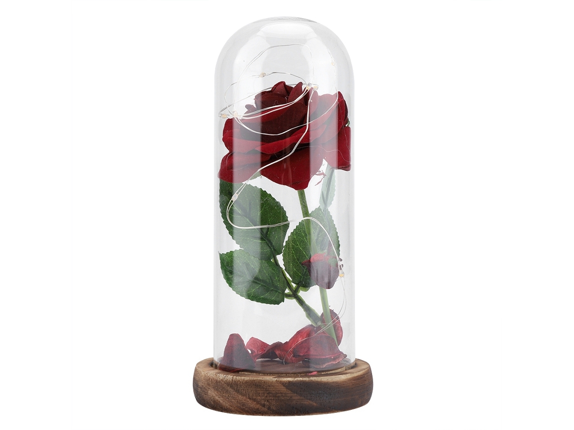 Flor preservada con luz LED, vidrio y base de madera