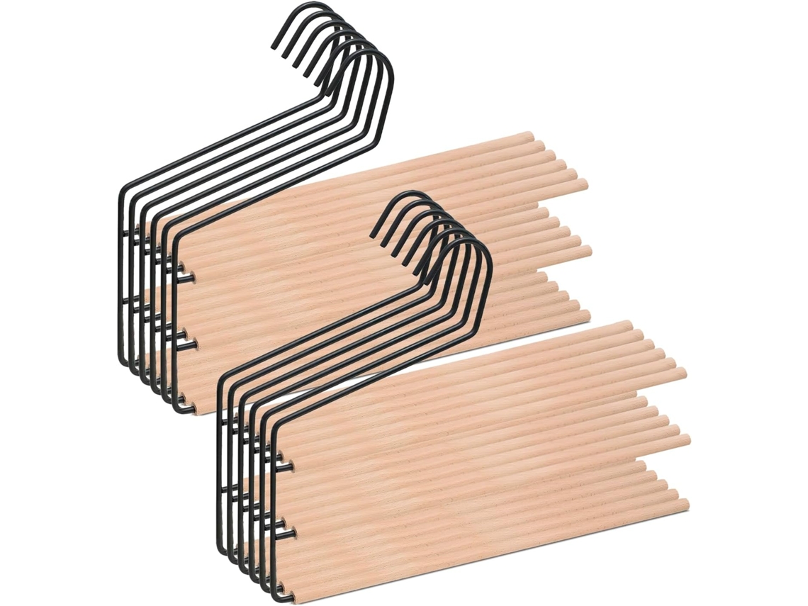 COM-FORT HOUSE - Perchas de Metal para Pantalones con Barra de Madera - Pack 12 Unidades - Perchas Color Negro - Finas y Resistentes para Ordenar tu Ropa - con 3 Niveles para Colgar