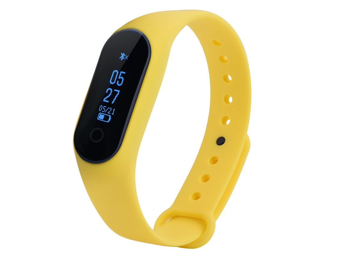 Pulsera inteligente EOOCOO M6s amarilla con monitorización de frecuencia cardíaca y sueño.