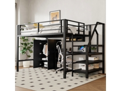 Cama Alta, 140*200cm, Guarda-roupa, Prateleiras, Escada De Arrumação, Secretária, Sem Colchão, Preta