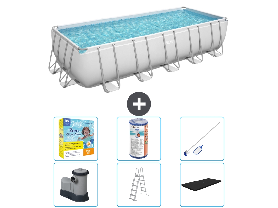 Piscina BESTWAY Rectangular Power Steel - 640 x 274 x 132 - Gris - Incluida bomba - Escalera - Cobertor Accesorios CB36