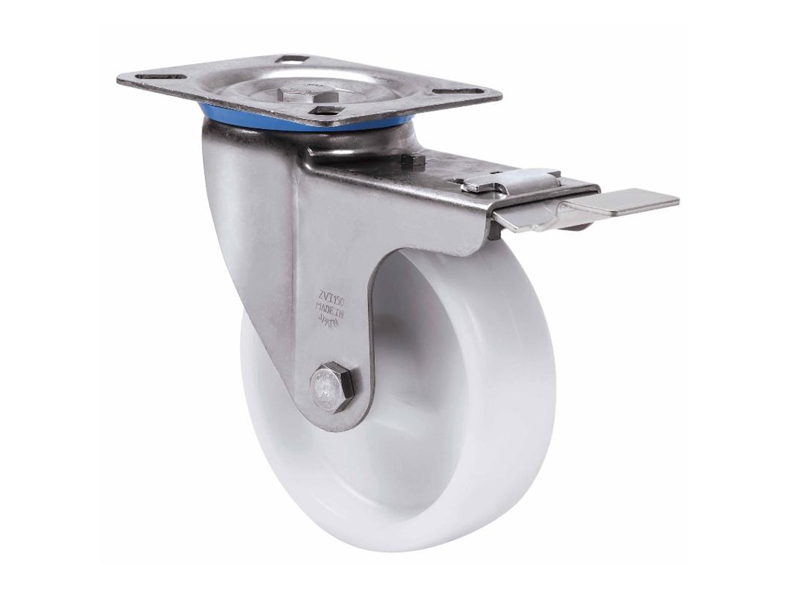 Rueda giratora placa freno inox.10zvlifd80-ut poliamix blanco eje liso ALEX