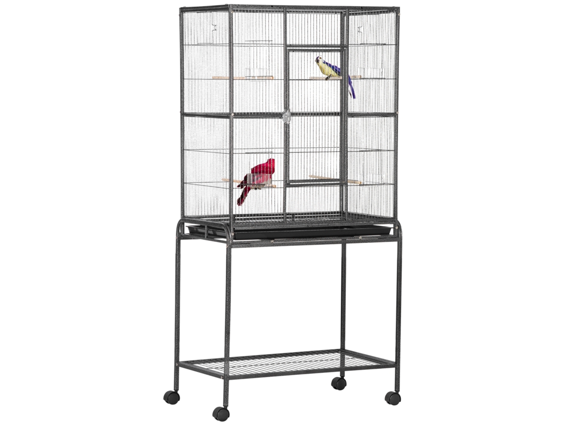 Jaula portátil para pájaros con 4 comederos y 4 perchas prácticas, 77 x 47 x 163 cm, color negro y gris.