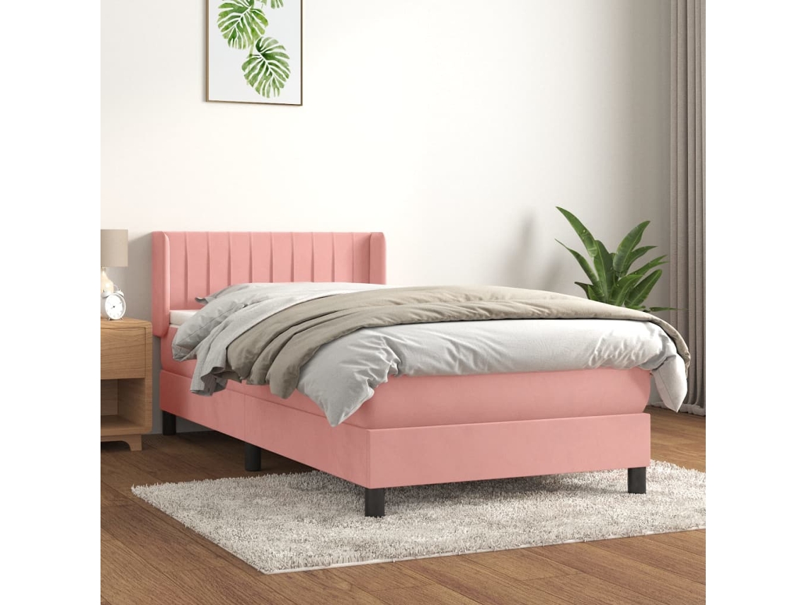 Cama Box Spring Con Colchón Terciopelo Rosa 100x200 Cm