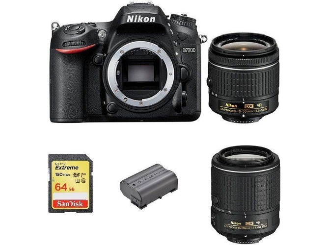 Kit Cámara Réflex NIKON D7200 + AF-P DX 18-55mm F3.5-5.6G VR + AF-S DX 55-200MM F4-5.6G ED VR II + 64GB SD + EN-EL15B