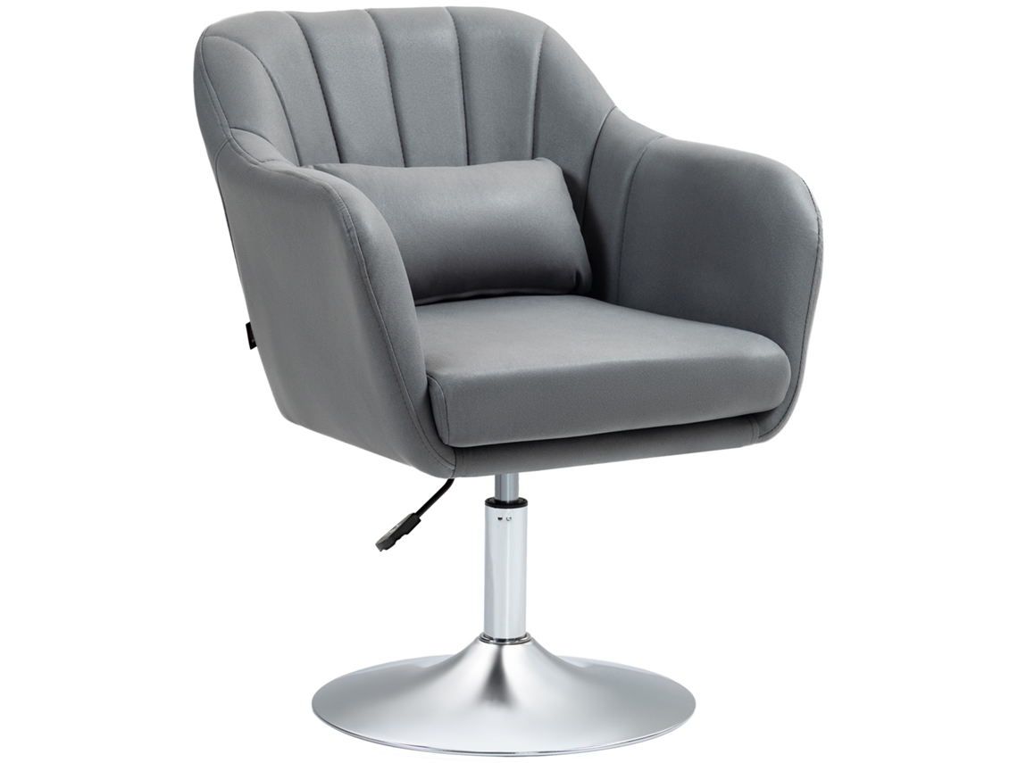 Sillón giratorio con soporte lumbar ajustable 360°, base de metal gris oscuro.