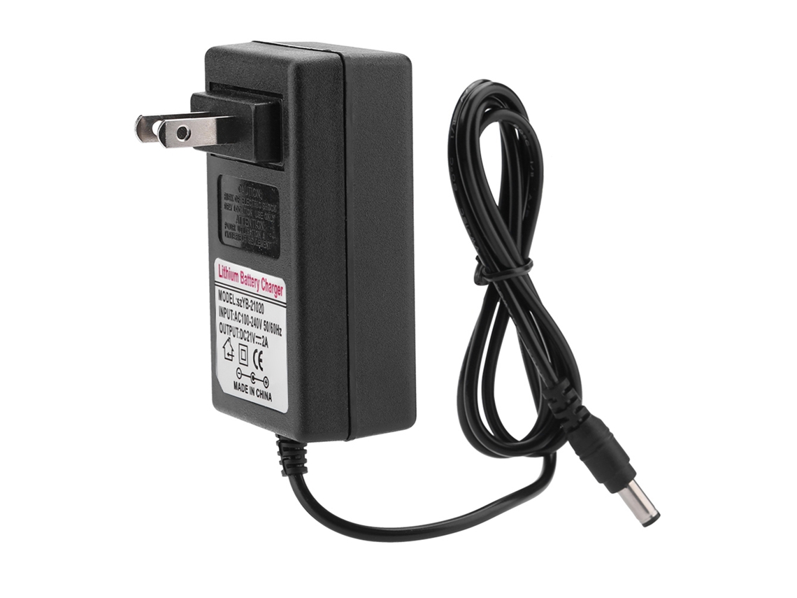 Cargador adaptador de corriente seguro de 21 V y 2 A para baterías de iones de litio.