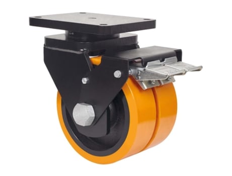 Rueda giratora placa freno 10hlrfn300-hub hierro-poliur.naranja(doble)bolas ALEX