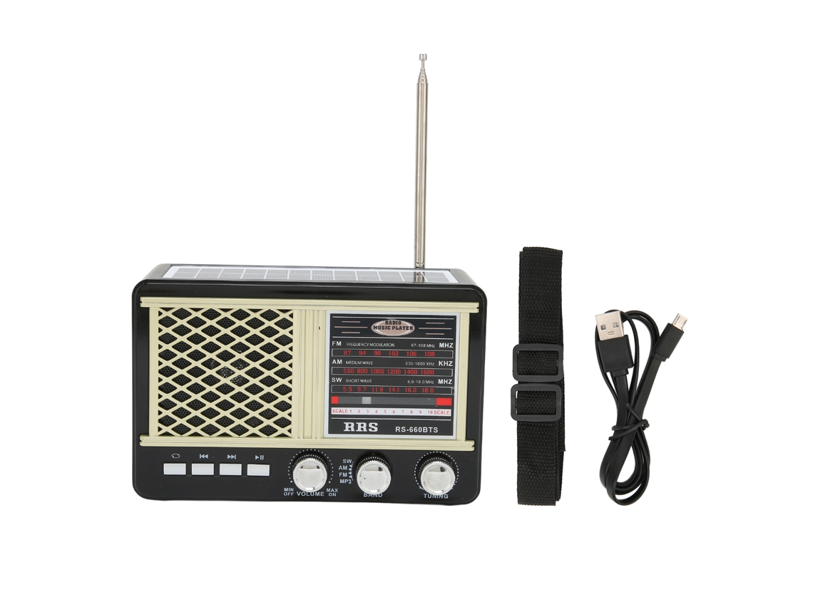 Radio Portátil Solar De Emergencia Rs-660bts Multibanda Con Linterna Y Entrada Auxiliar, Color Amarillo.