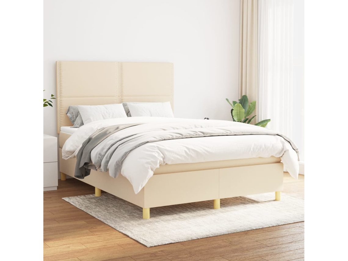 Cama Box Spring Con Colchón Tela Color Crema 140x200 Cm