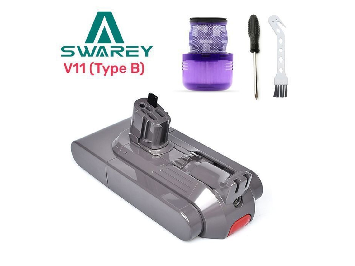 Batería Swarey para Dyson V11 Series (6000 mAh, iones de litio, 25,2 V), con filtro posterior, cepillo y destornillador. Instalación en un solo clic.