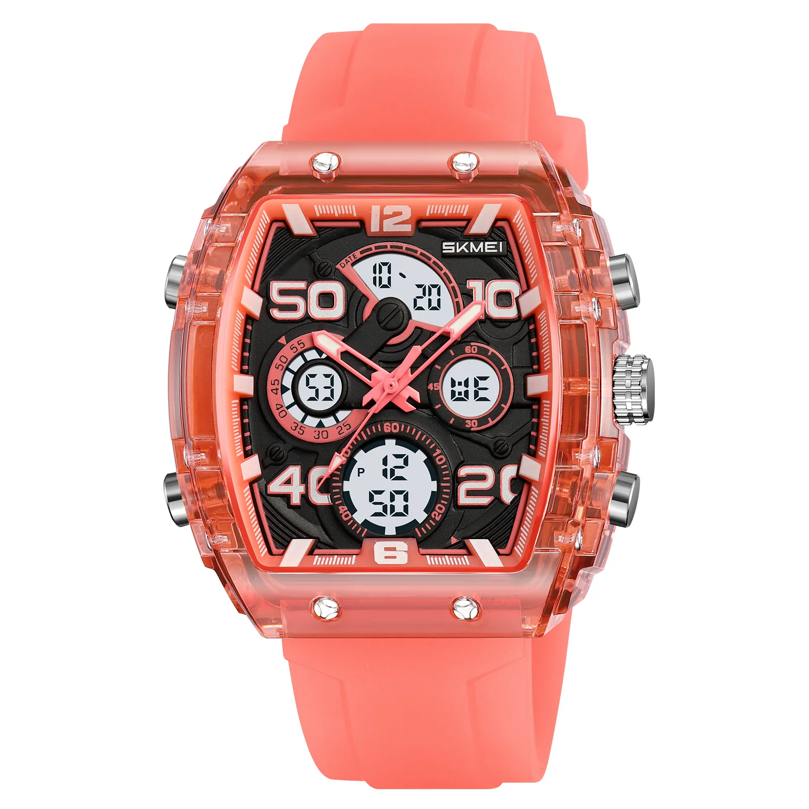 Reloj Deportivo Con Cronógrafo Led (rojo Semitransparente), Caja En Forma De Tonel, Para Hombres Jóvenes.