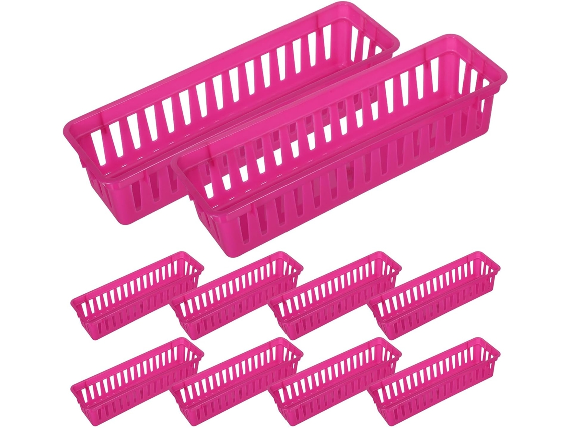 Juego De 12 Cestas Portalápices De Plástico Rosa Fucsia, Forma Rectangular Alargada.