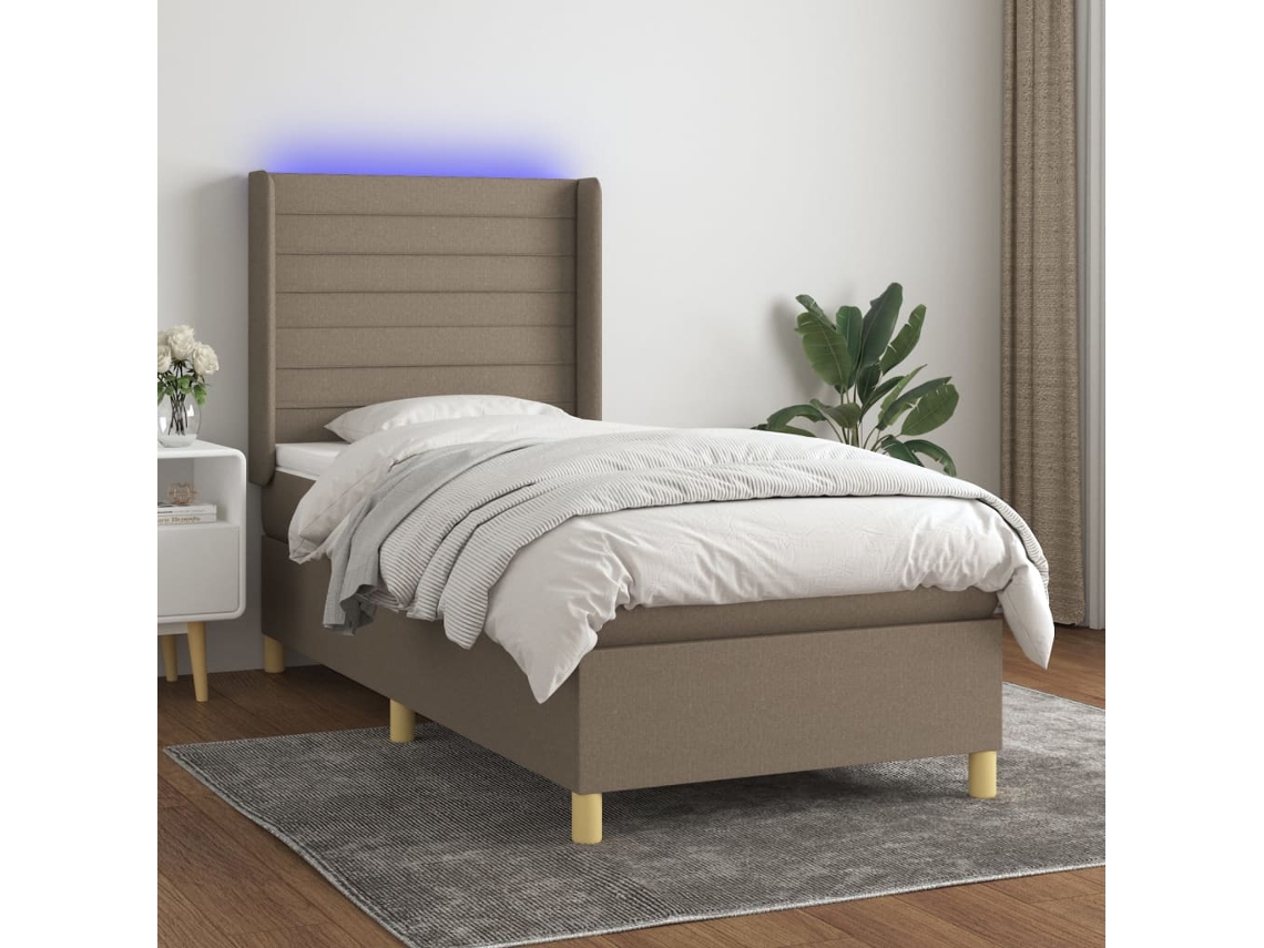 Cama Box Spring Colchón Y Luces Led Tela Gris Taupe 90x200 Cm