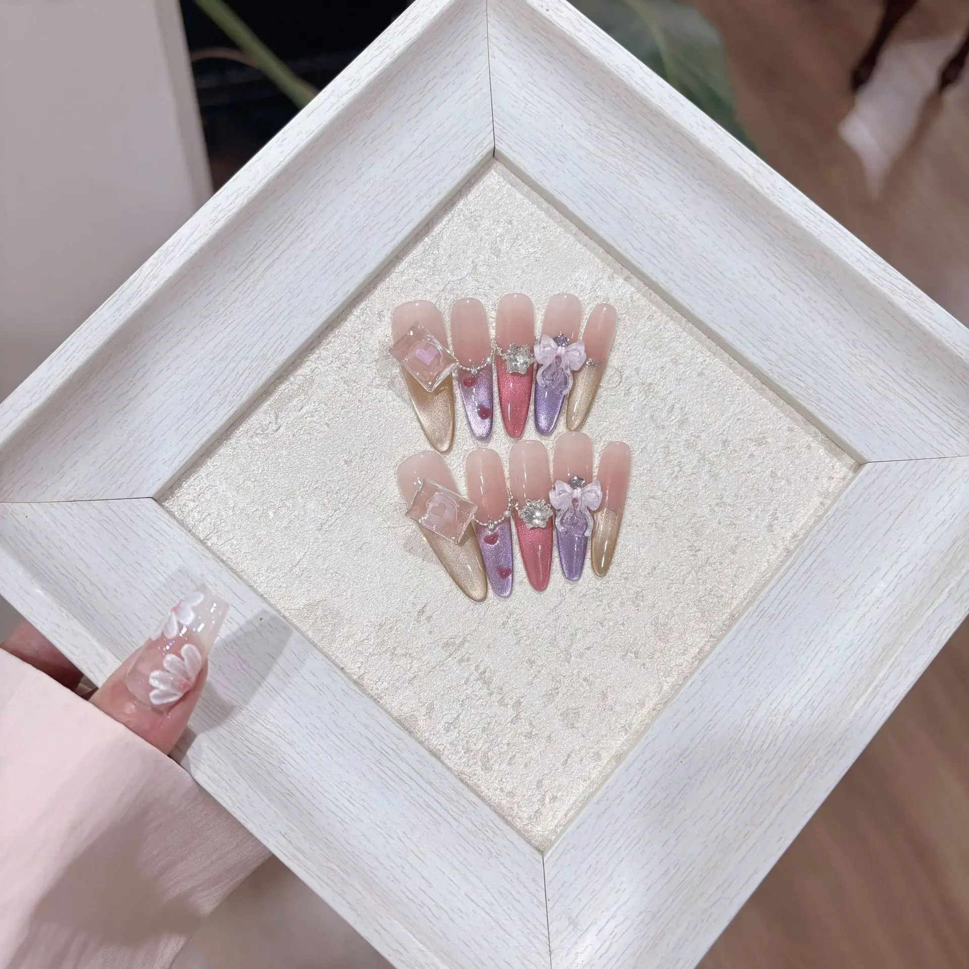 (569-m) 10 Pegatinas Para Decoración De Uñas, Uñas Postizas Extralargas Ovaladas Con Forma De Almendra Hechas A Mano