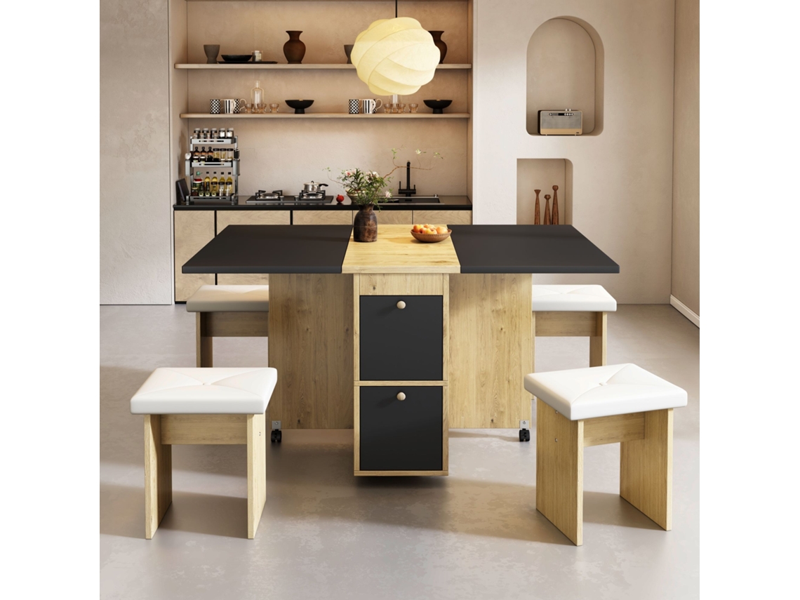 Conjunto de mesa de comedor 120x80x75 cm plegable y extensible, 4 sillas, multifuncional, roble blanco, negro, Mobrio
