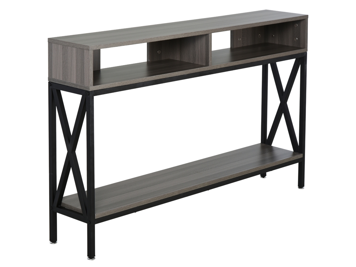 Consola/mesa de entrada de estilo industrial con múltiples compartimentos de almacenamiento, 120 x 23,5 x 75 cm, madera gris.