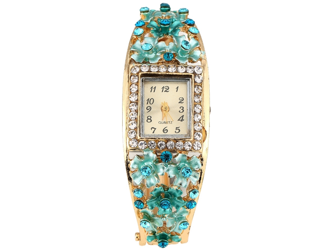 Reloj De Pulsera De Cuarzo Para Mujer Con Brazalete De Aleación Con Diamantes De Imitación Y Elegante Estampado Floral 1