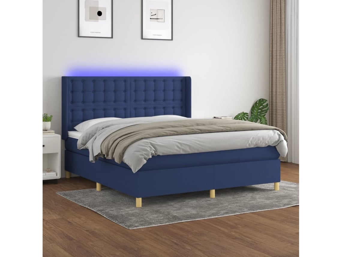 Cama Box Spring Colchón Y Luces Led Tela Azul 180x200 Cm