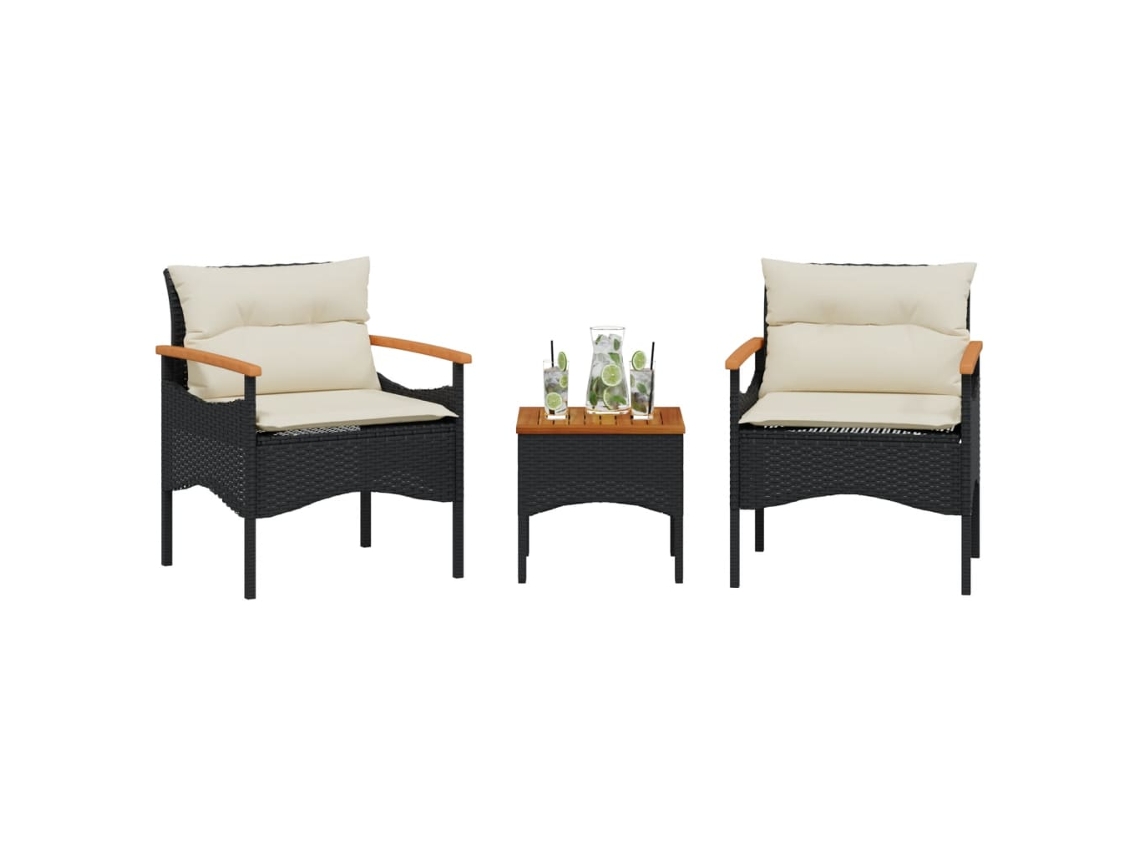 3 Pcs Conjunto Sofás De Jardím Com Almofadões Vime Pe Preto Dkd Home Decor