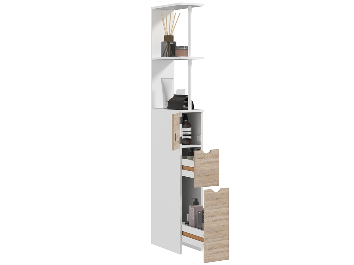 Mueble Columna De Baño Con Cajones Y Estantes Abiertos, 15 X 33 X 136,8 Cm, Blanco