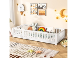 Cama Individual, Cama De Madera Maciza, Cama De Madera, 90x200 Cm, Cama Montessori De Suelo, Con Somier De Lã¡minas Y Barandilla De Seguridad, Blanca