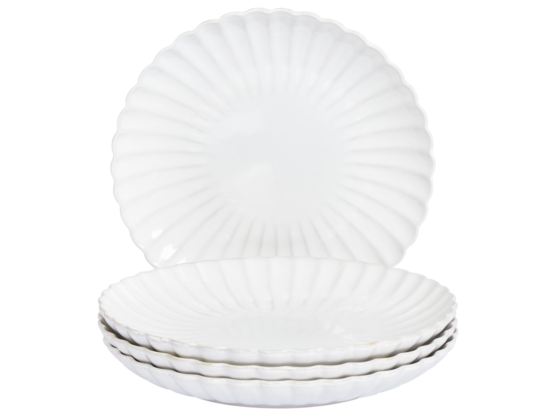 Juego de 4 platos llanos de cerámica blanca con diseño de ortiga