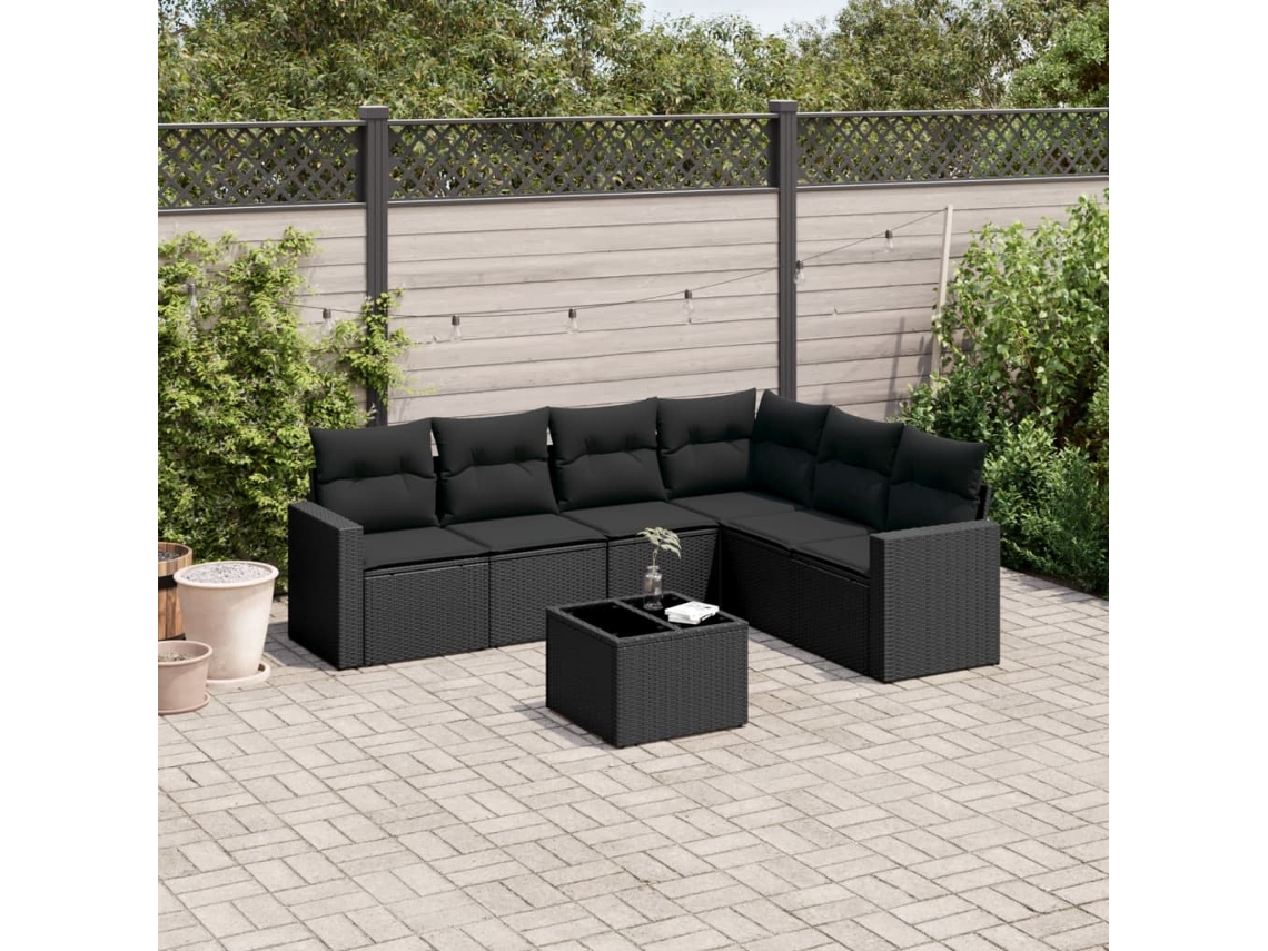 Conjunto de sofá de jardín de 7 piezas con cojines de mimbre negro de DKD Home Decor
