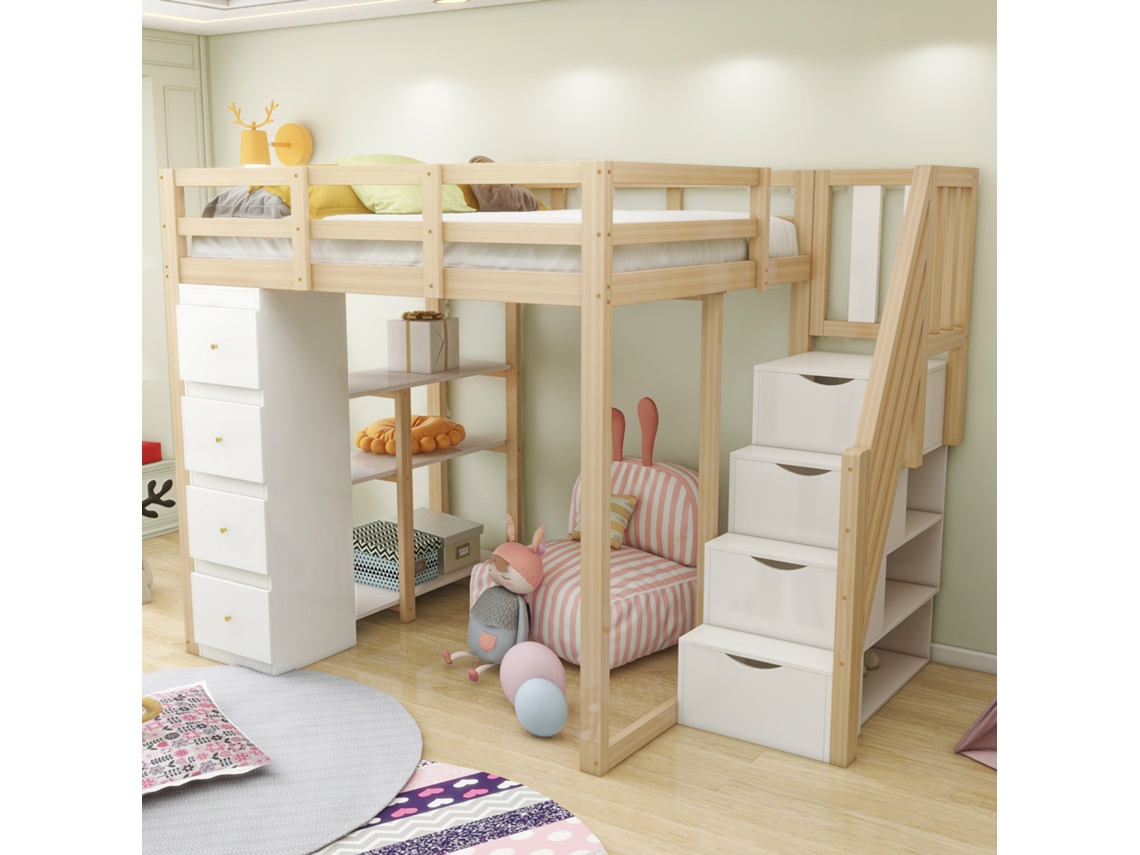 Cama alta 140x200 cm madera maciza multifuncional con cajones, cómoda con estantes y escalera segura, mueble natural.