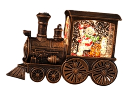 Farol de tren navideño de bronce y muñeco de nieve