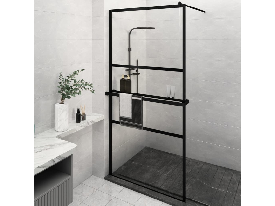Mampara Ducha Con Estante Vidrio Esg Y Aluminio Negro 115x195cm