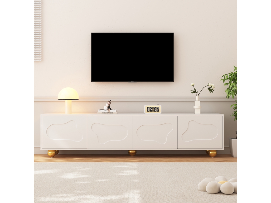 Mueble De Tv Blanco Nube, 180x40x45 Cm, Diseño Lindo, 2 Puertas, 5 Patas, Soporta 60 Kg, Para Tv De 75 Pulgadas