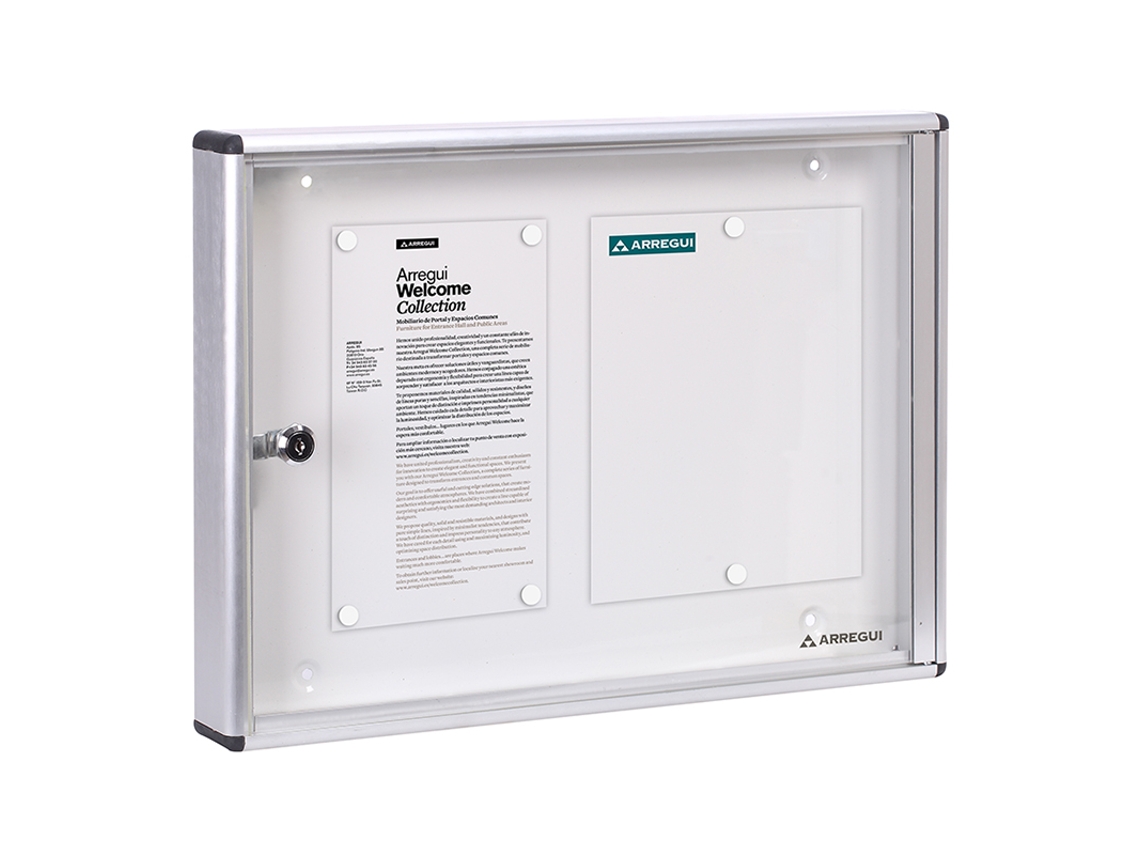 Panel publicitario de aluminio con capacidad para 2 mesas A4 DIN, con cerradura de llave.