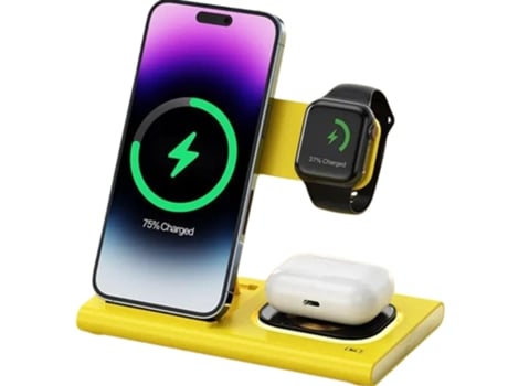 Cargador Inalámbrico 3X1 15W Iphone/Airpods/Apple Watch Amarillo ¡ANTIMPACTO!