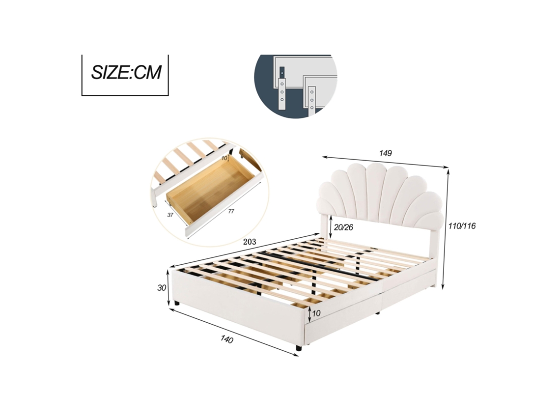 Cama doble tapizada en terciopelo con 4 cajones - 140x200cm - Cabecero con forma de flor - Base de muelles - Beige