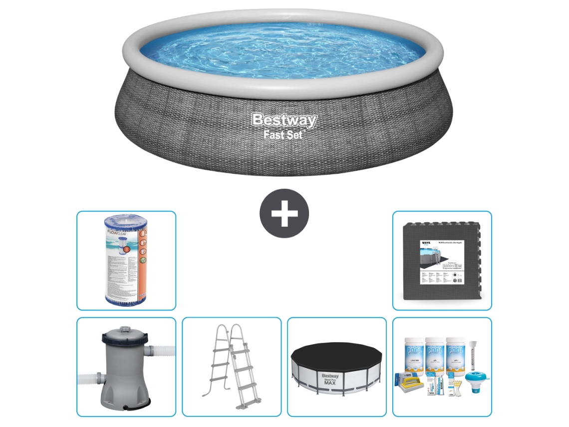 Piscina Hinchable Redonda Fast Set BESTWAY - Estampado Ratán - 457 x 107 cm - Incluida Bomba - Escalera Accesorios CB23