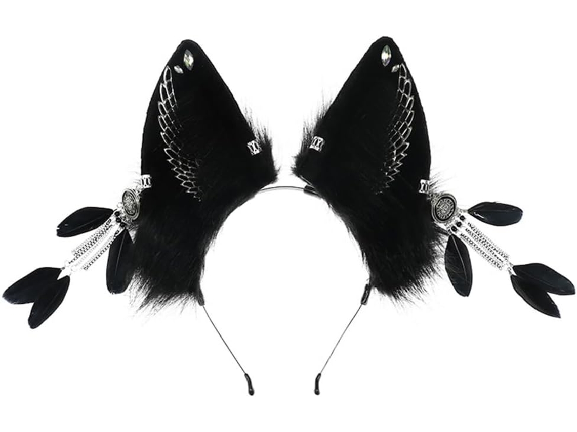 Diadema Con Orejas De Lobo, Plumas Y Pendientes - Estilo Gótico