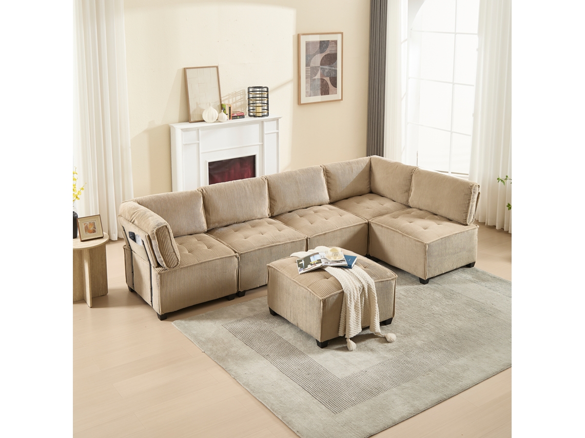 Sofá Modular 6 Plazas - Corduroy, Ergonómico, Con Almacenamiento, Convertible, Estructura Estable - Khaki