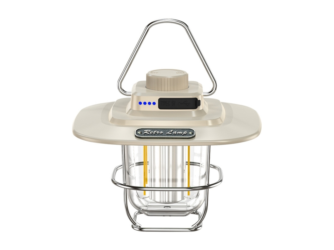 Linterna LED retro portátil para tienda de campaña, recargable por USB. (Blanca)