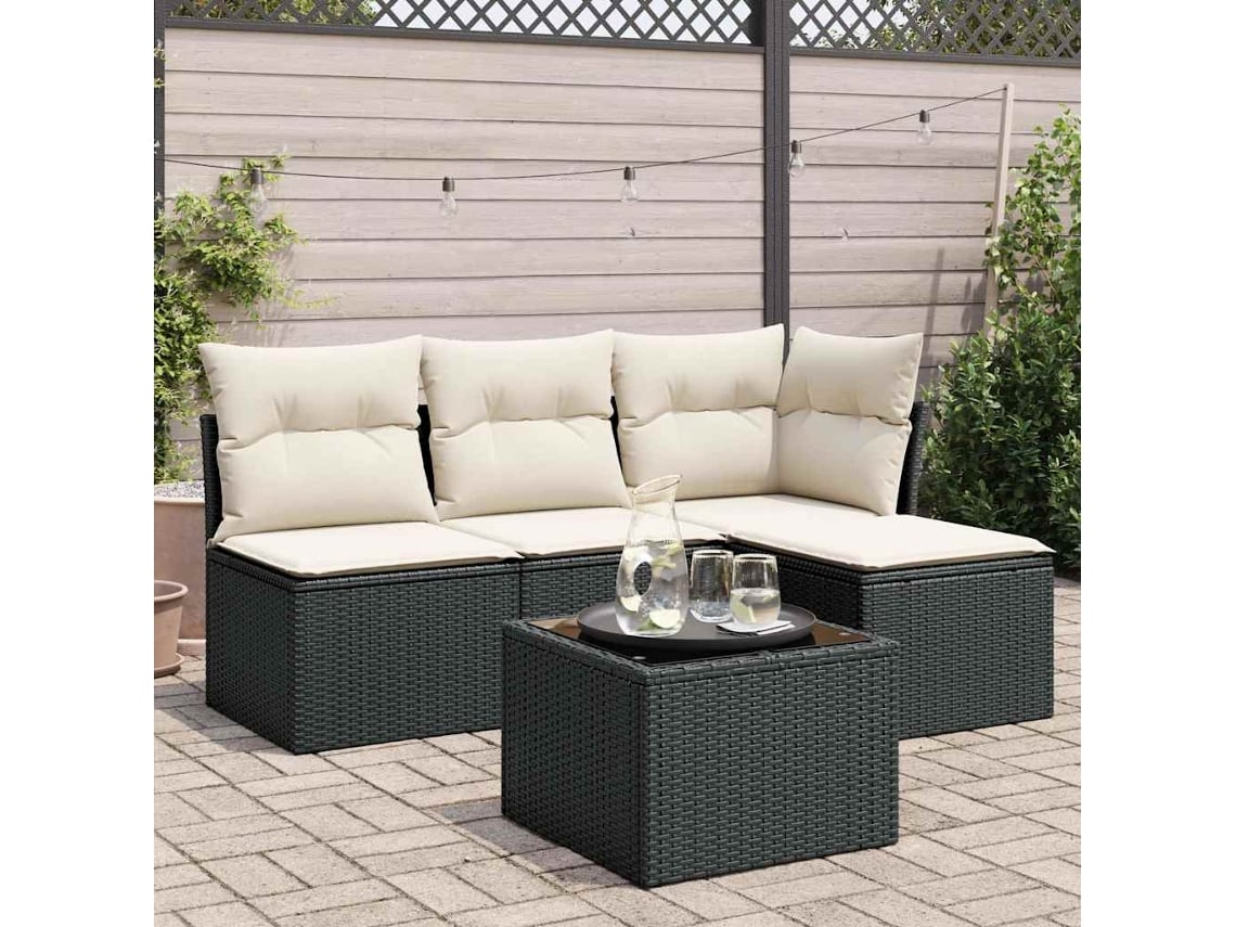 Conjunto de sofá de jardín de 5 piezas con cojines de mimbre sintético negro, Dkd Home Decor