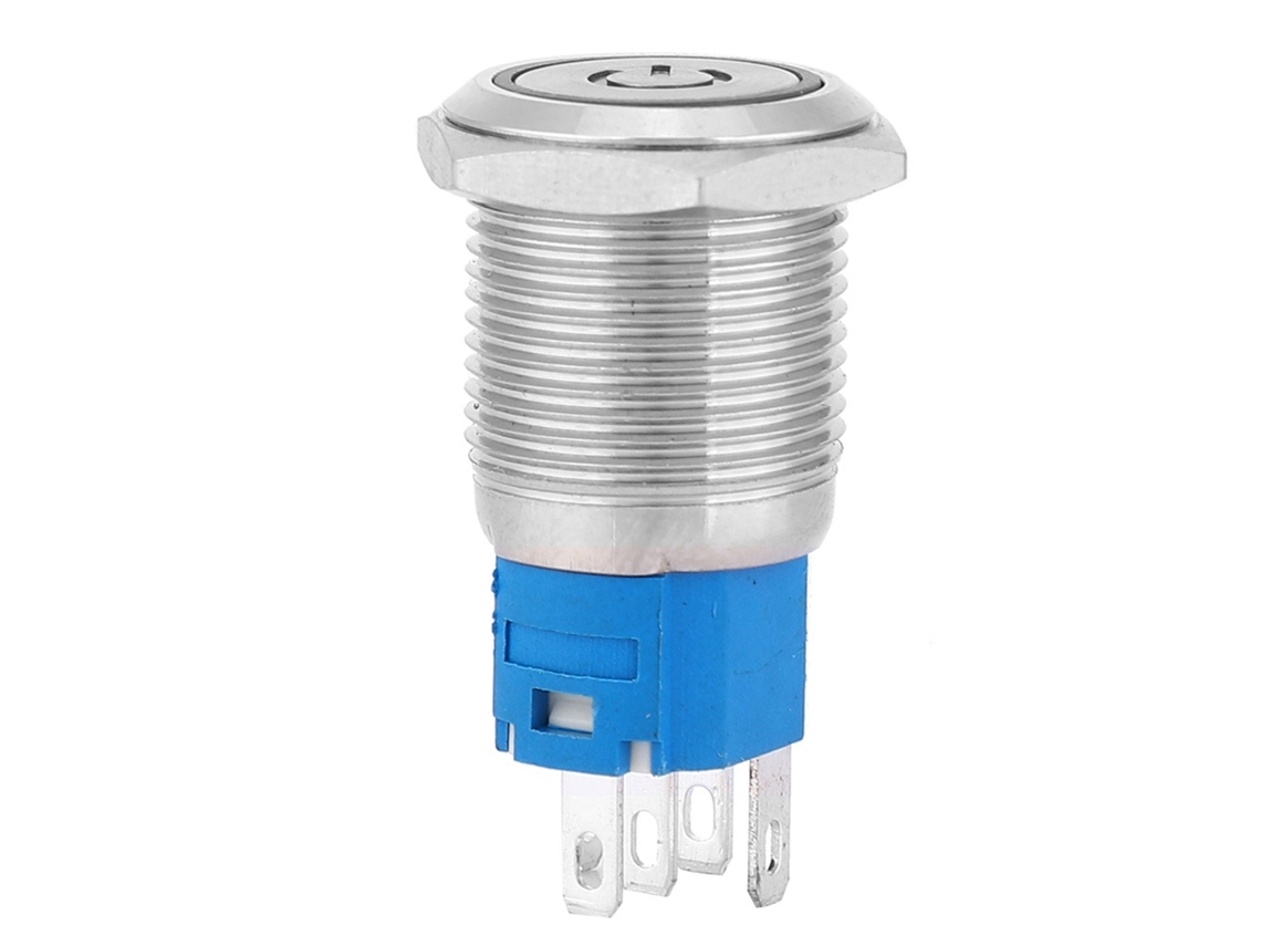Pulsador Metálico Con Reinicio Automático, Led Amarillo, Símbolo De Encendido, 16 Mm, 12 V, Para Coche O Barco, 1 Contacto Normalmente Abierto (no) Y 1 Contacto Normalmente Cerrado (nc).