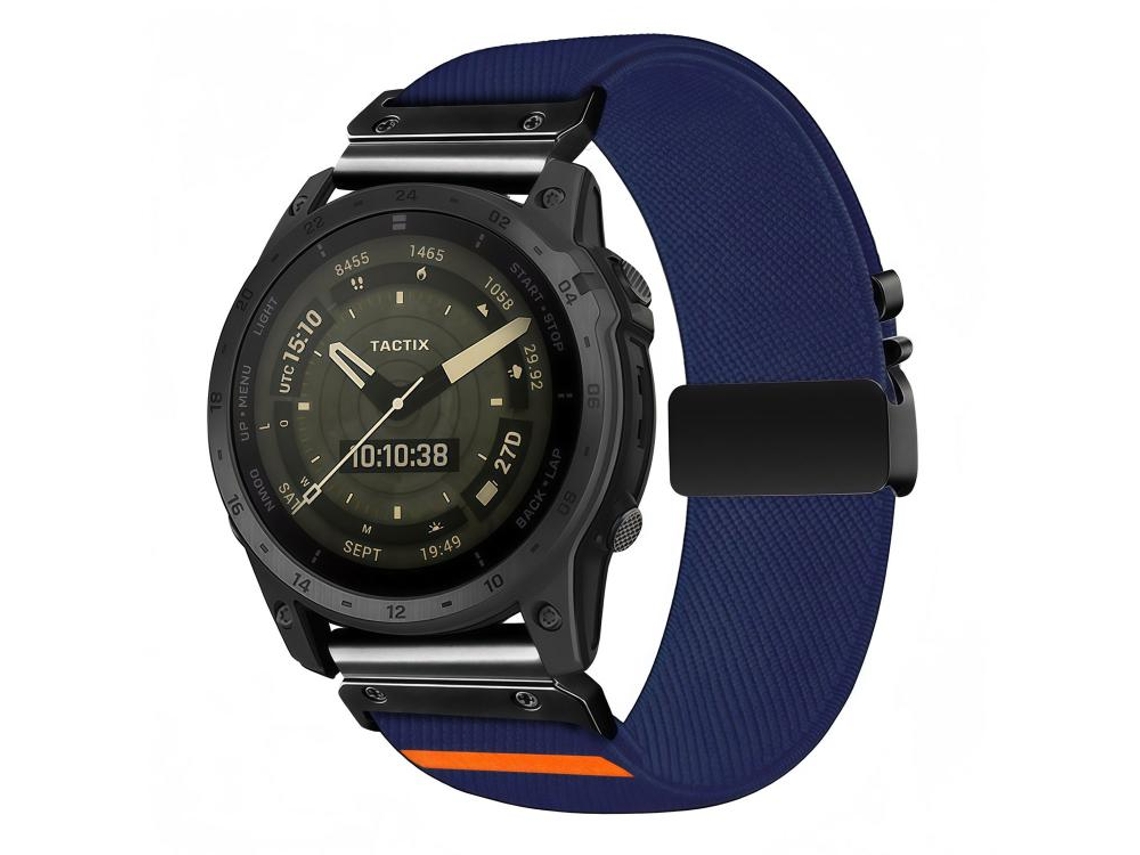 Bracelete Para Garmin (22mm) - Nylon Elástico - Trama Diagonal - Fivela De Paraquedas Azul Meia-noite