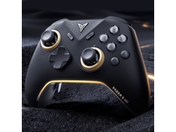 Mando de juegos Flydigi Vader5 Pro con tres modos: palanca de fuerza ajustable, joystick con gatillo seleccionable y mando ergonómico. Base negra.