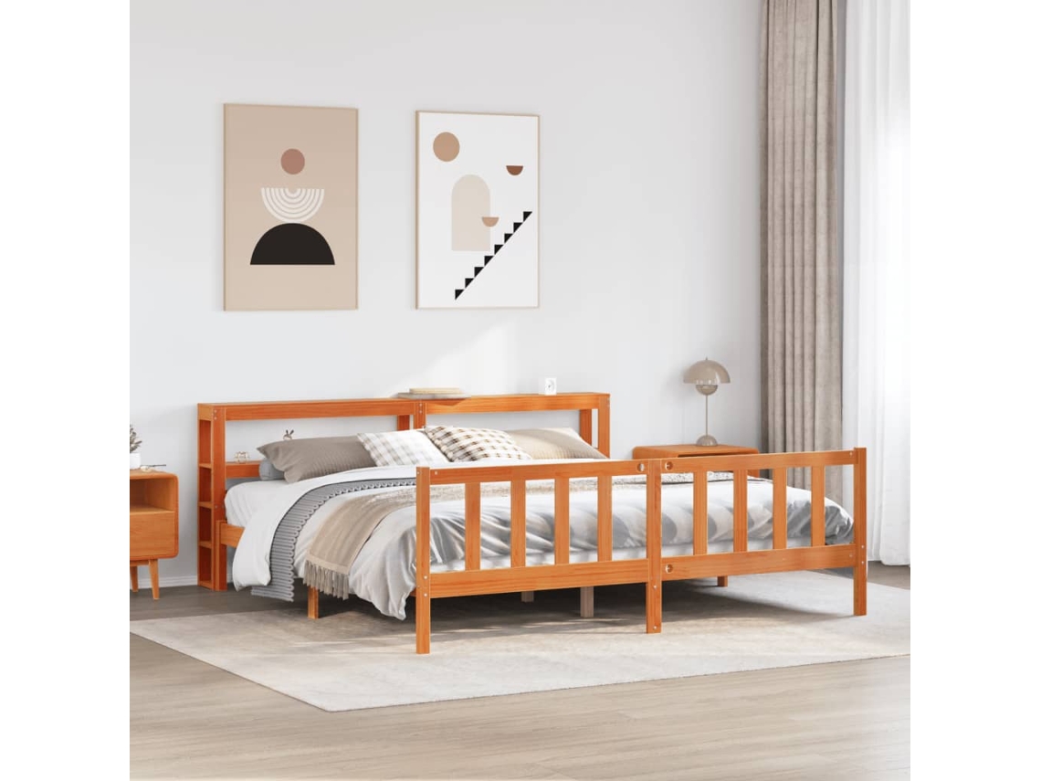 Cama De Matrimonio | Cama Para Adultos | Estructura Cama Con Cabecero Madera Pino Marrón Cera 180x200 Cm
