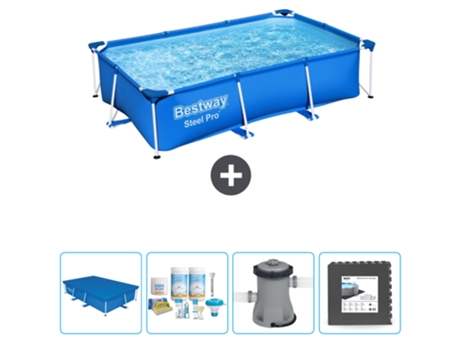 Piscina BESTWAY Rectangular Steel Pro - 259 x 170 x 61 cm - Azul - Incluida Cubrir - Paquete de mantenimiento - Bomba - Baldosas